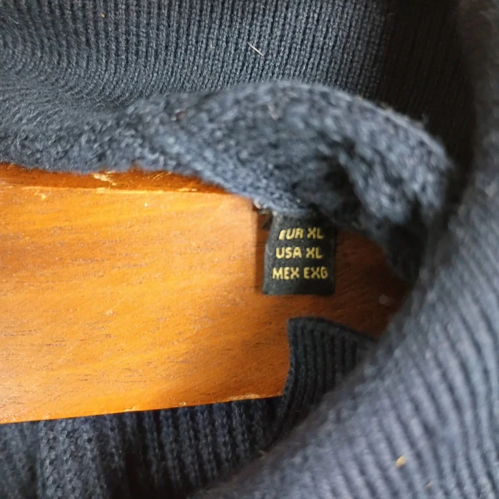 Massimo Dutti Mens XL Extrafine Cotton Navy Waffle Knit‎ Full Zip Sweater Collar